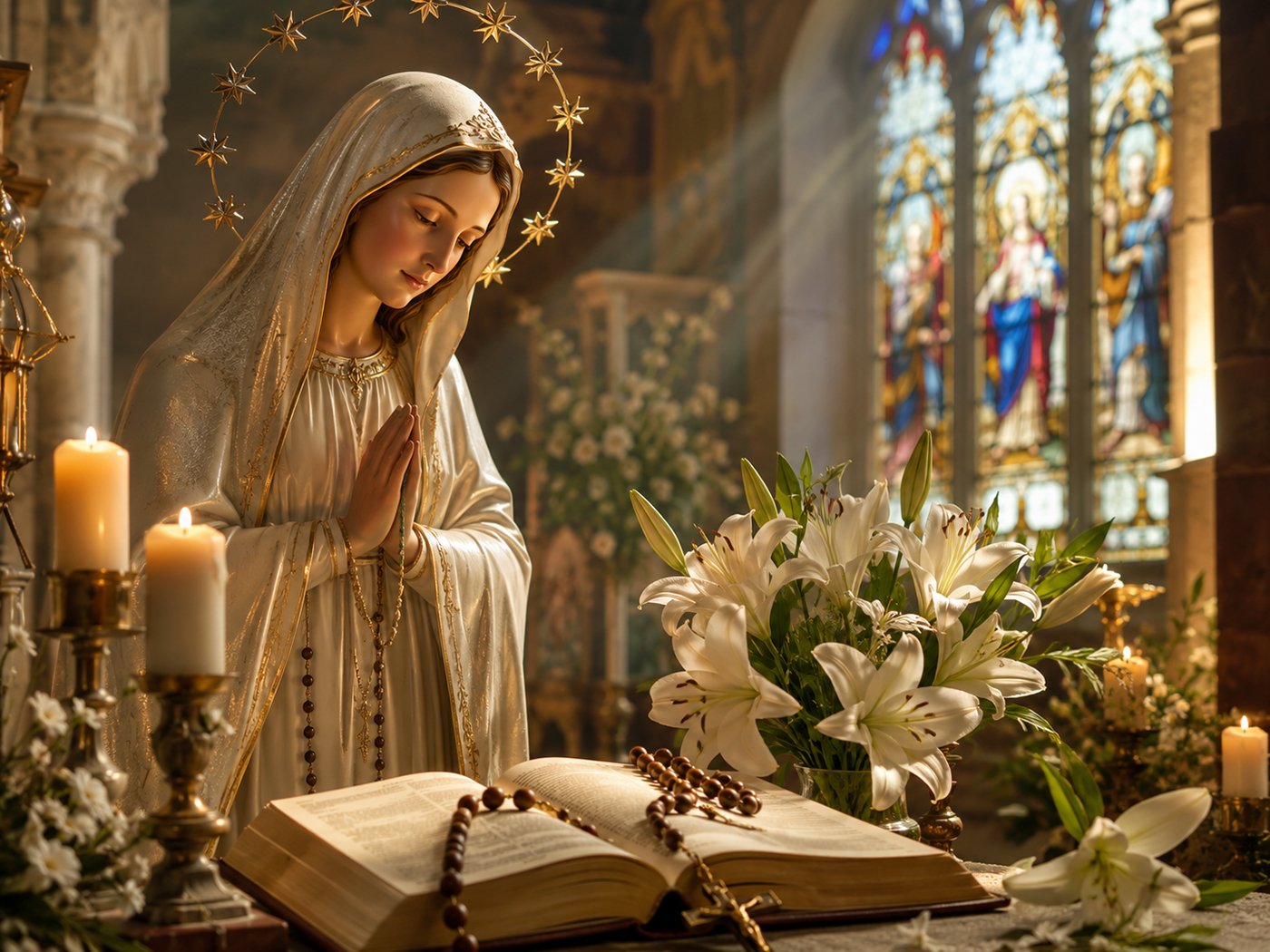 Virgin Mary praying in a church with candles, white lilies, Bible and religious symbols