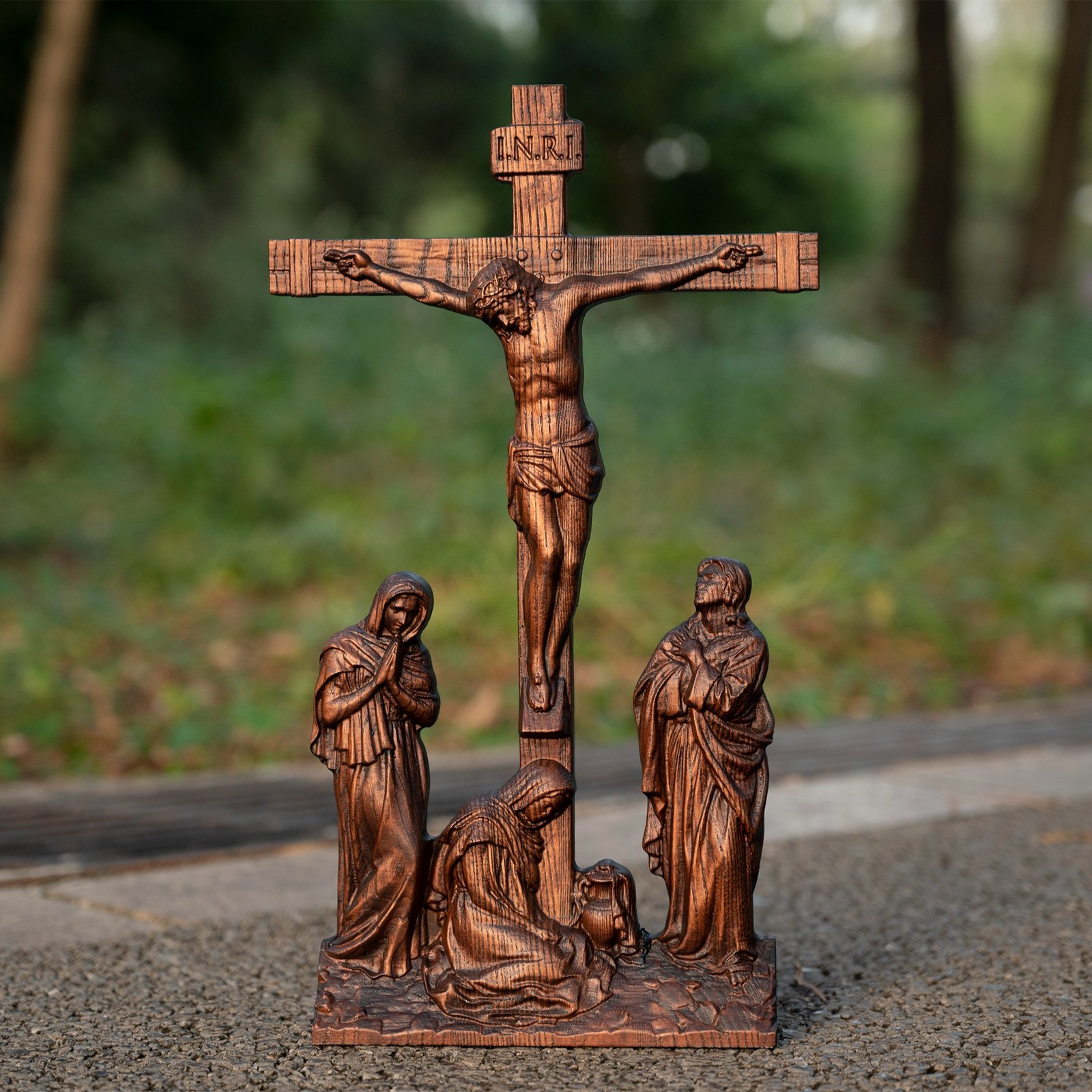 Catholic wooden Crucifixion scene with the Virgin Mary and disciples