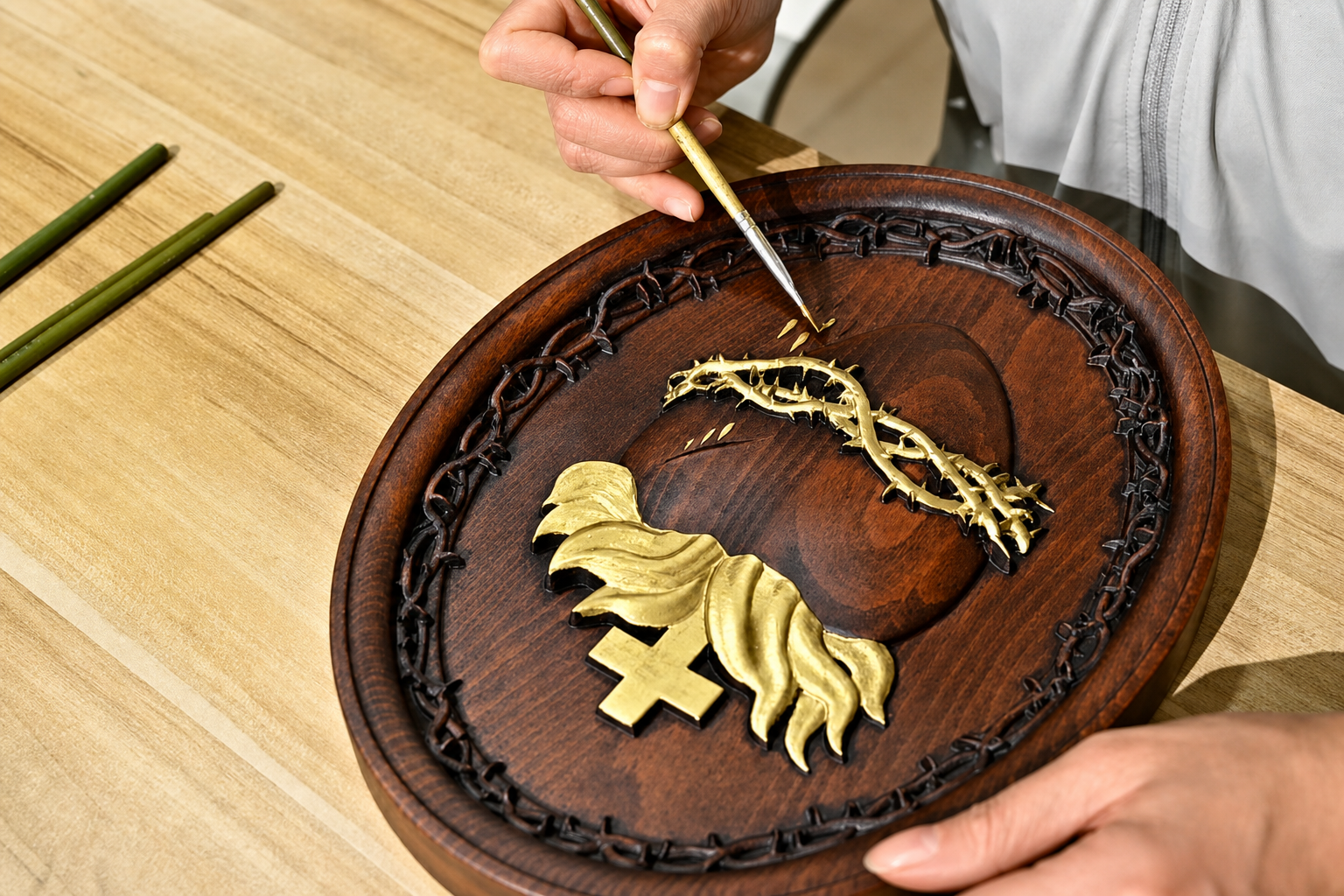 Artisan applying hand-painted gold details to a Christian wood carving