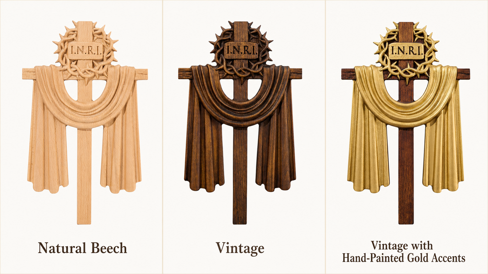 Natural beech, vintage and hand-painted gold finishes on the same carved wall cross