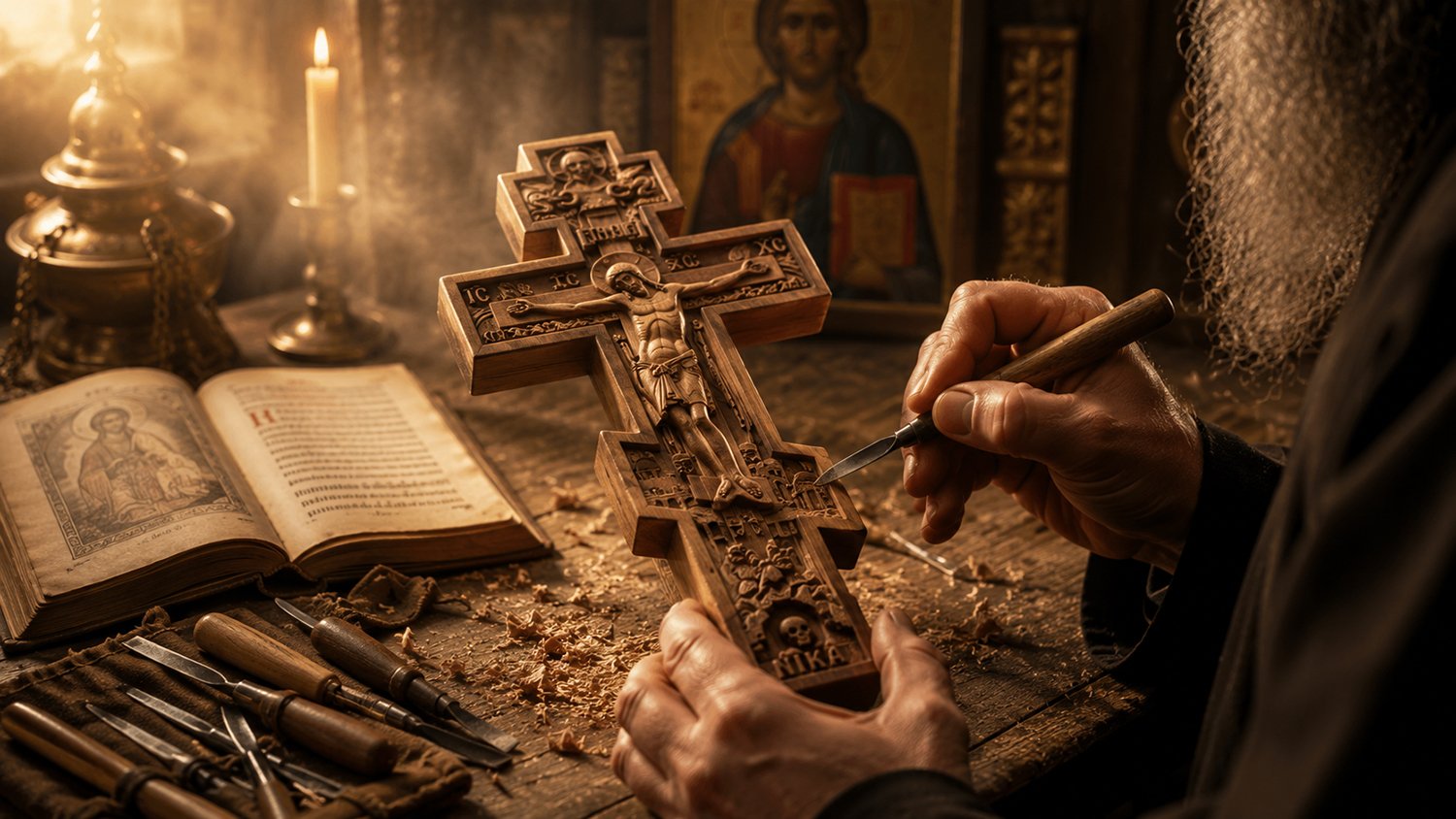 Orthodox Cross Stand being handcrafted by an artisan, showing Eastern Orthodox Christian wood carving tradition and religious craftsmanship