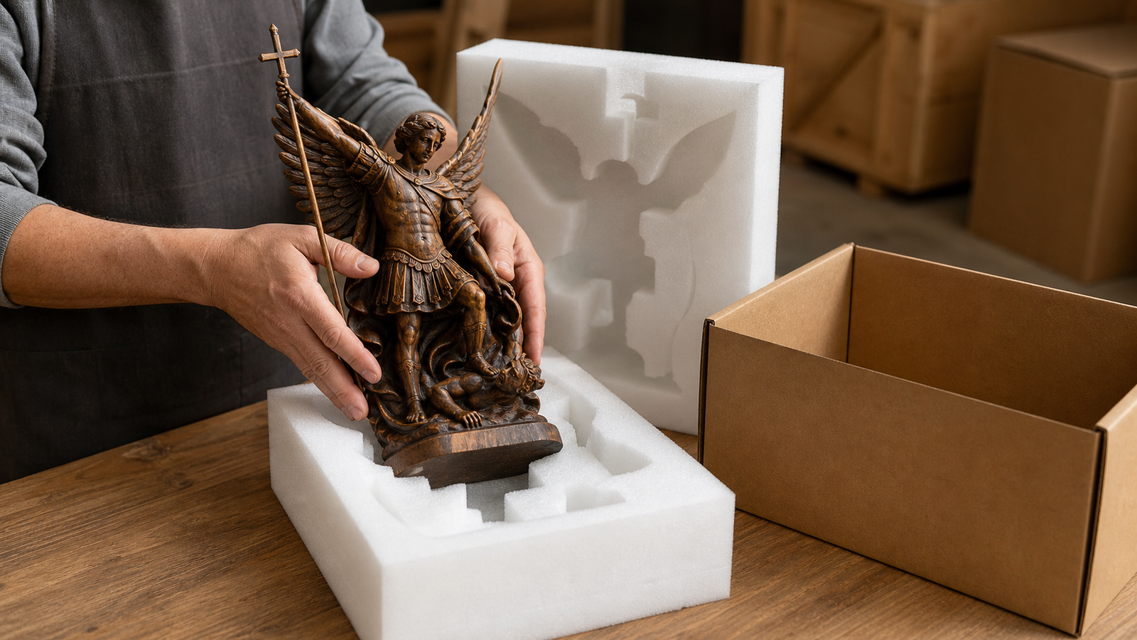 Professional protective packaging for a religious wood carving