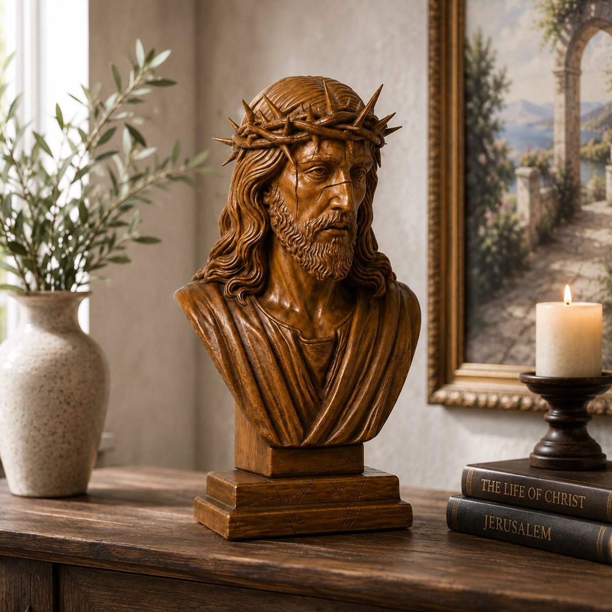 Three-quarter angle view of a wooden Jesus bust with crown of thorns, sorrowful expression and carved robe displayed in a devotional interior