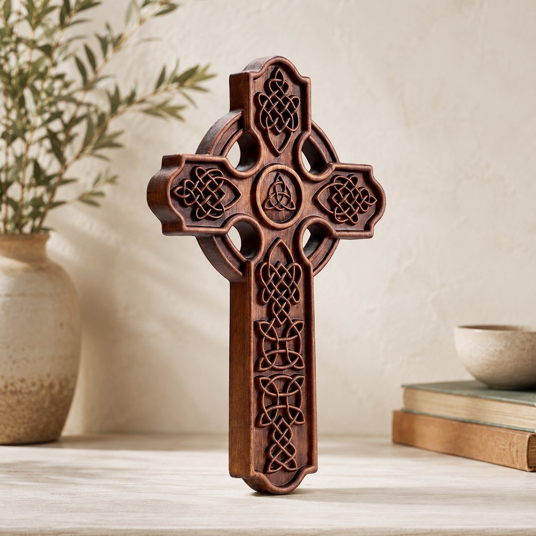 Three-quarter angle view of a Celtic Cross Wood Carving showing the raised knot patterns, circular ring and carved depth