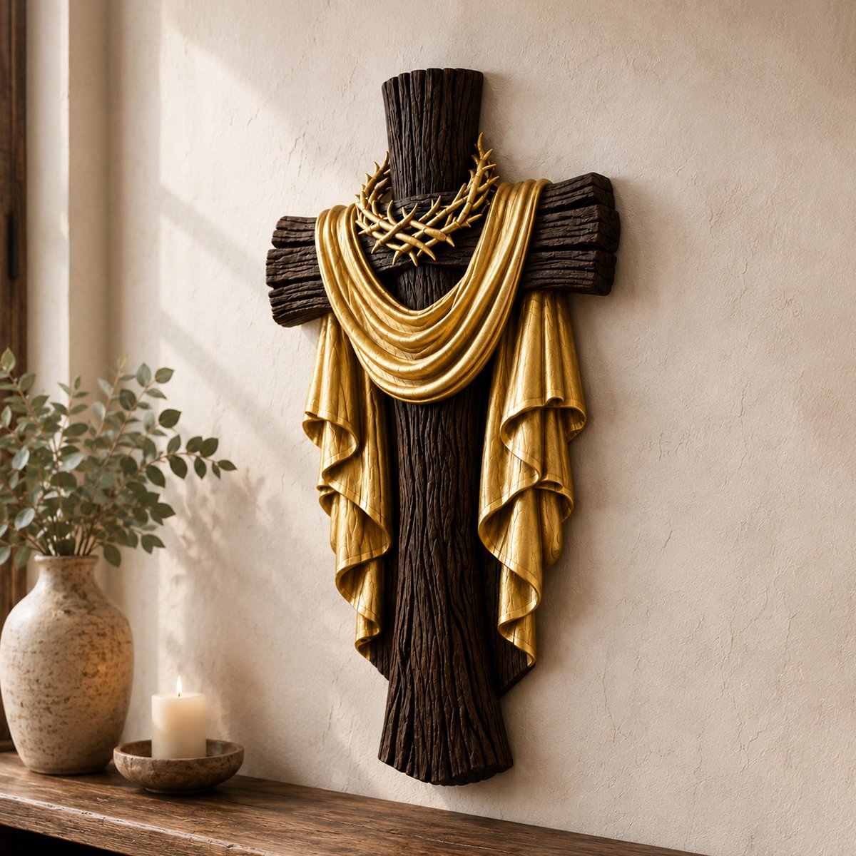 Antique dark wood Christian cross with a gold crown of thorns and gilded draped cloth displayed in a warm interior