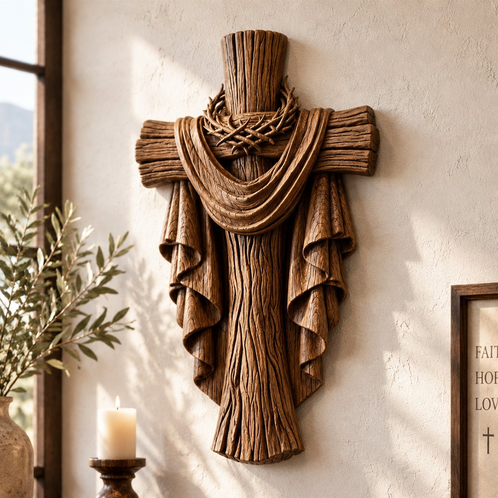 Antique wood cross carving featuring a crown of thorns and flowing cloth in a softly lit Christian home decor setting