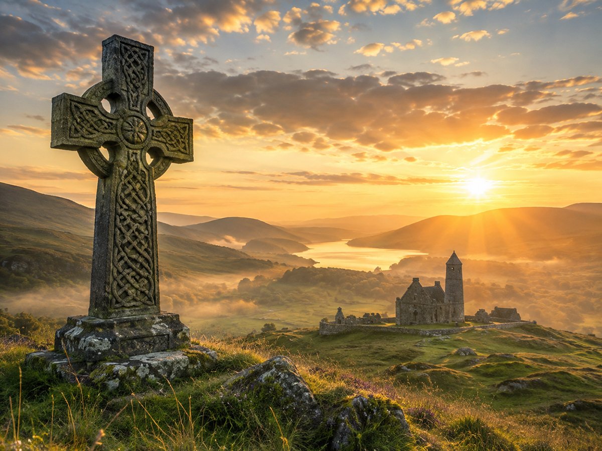 Celtic Cross Wood Carving inspired story scene featuring an ancient stone Celtic cross overlooking an Irish valley and monastery at golden sunrise.