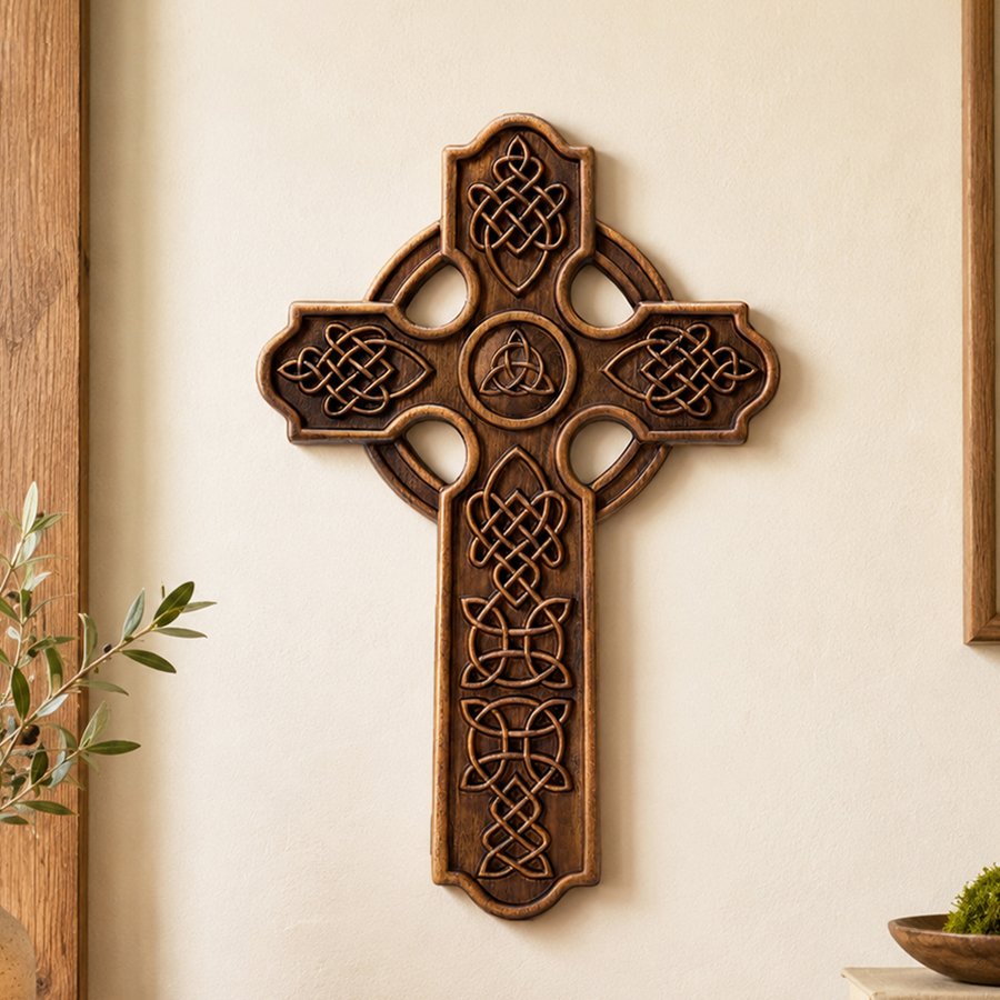 Celtic Cross Wood Carving with detailed knotwork and Trinity symbol displayed on a warm neutral wall