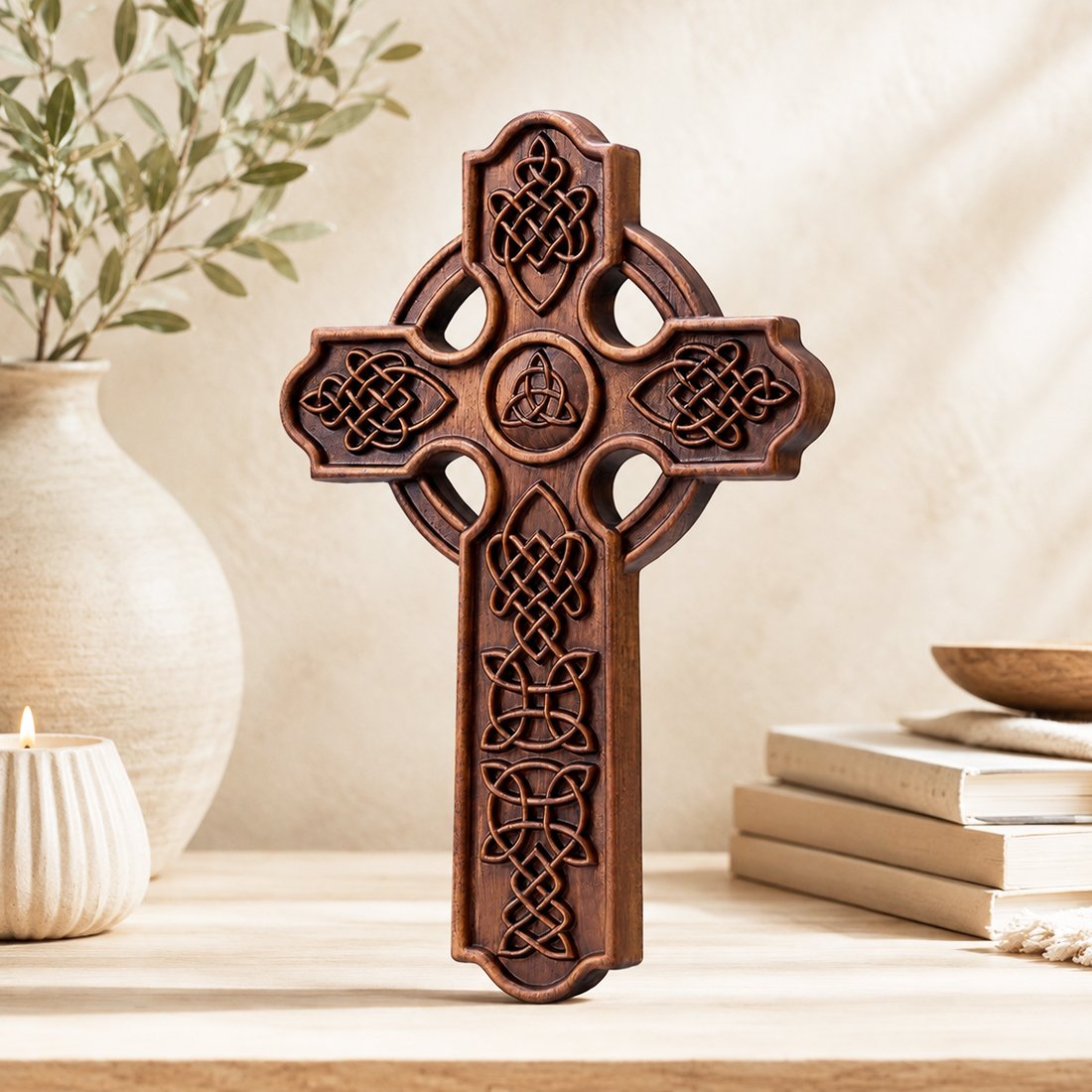 Hand-carved Celtic knot cross wooden wall art displayed with ceramic decor and soft natural lighting