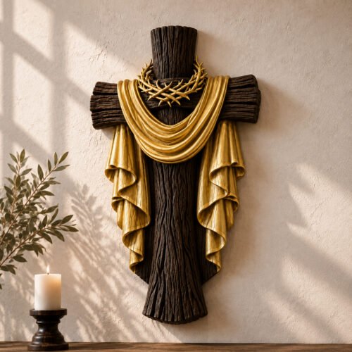 Crown of Thorns Cross Wood Carving with antique dark wood texture and gold-finished drapery displayed on a neutral wall