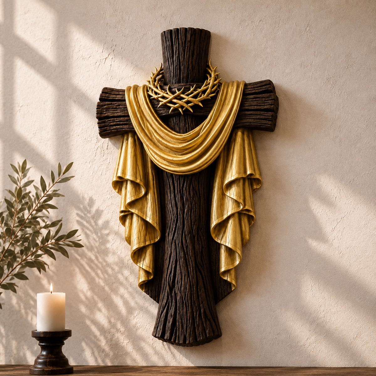 Crown of Thorns Cross Wood Carving with antique dark wood texture and gold-finished drapery displayed on a neutral wall