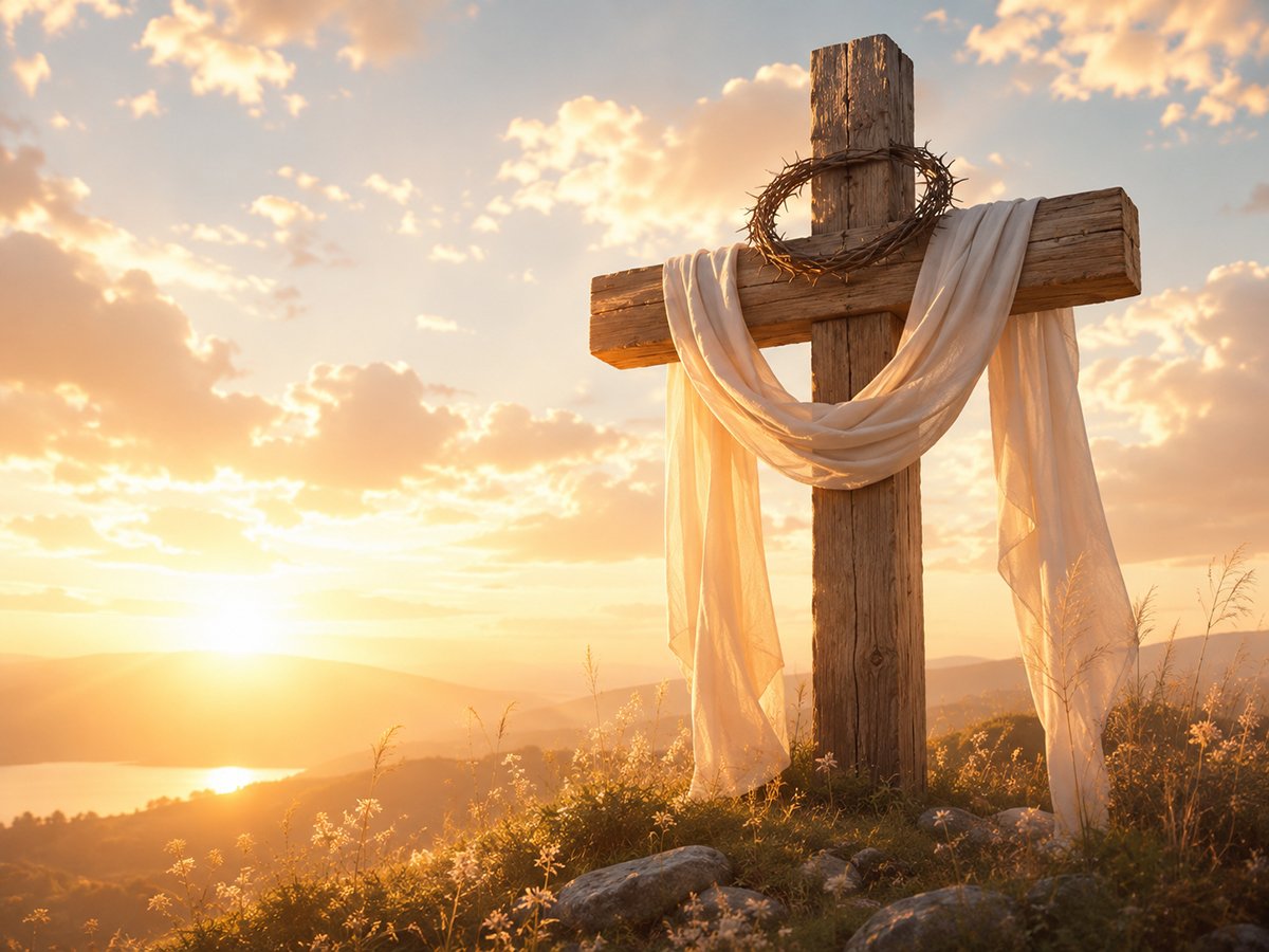 Crown of Thorns Cross Wood Carving inspired story scene featuring a wooden cross draped with white cloth on a peaceful hillside at golden sunrise, symbolizing resurrection, hope and faith.