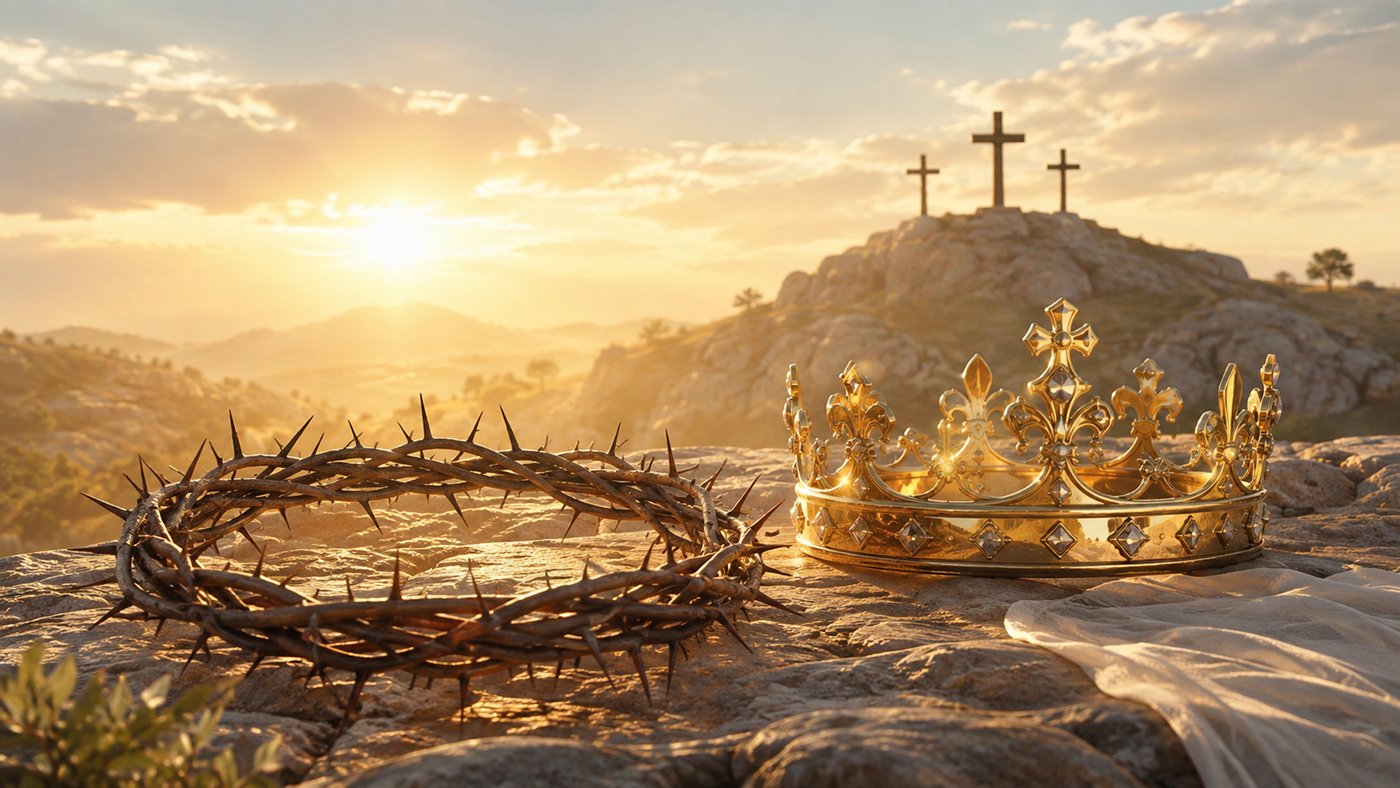Crown of Thorns Wood Carving inspired artwork featuring the crown of thorns and royal crown symbols under a peaceful golden sunrise