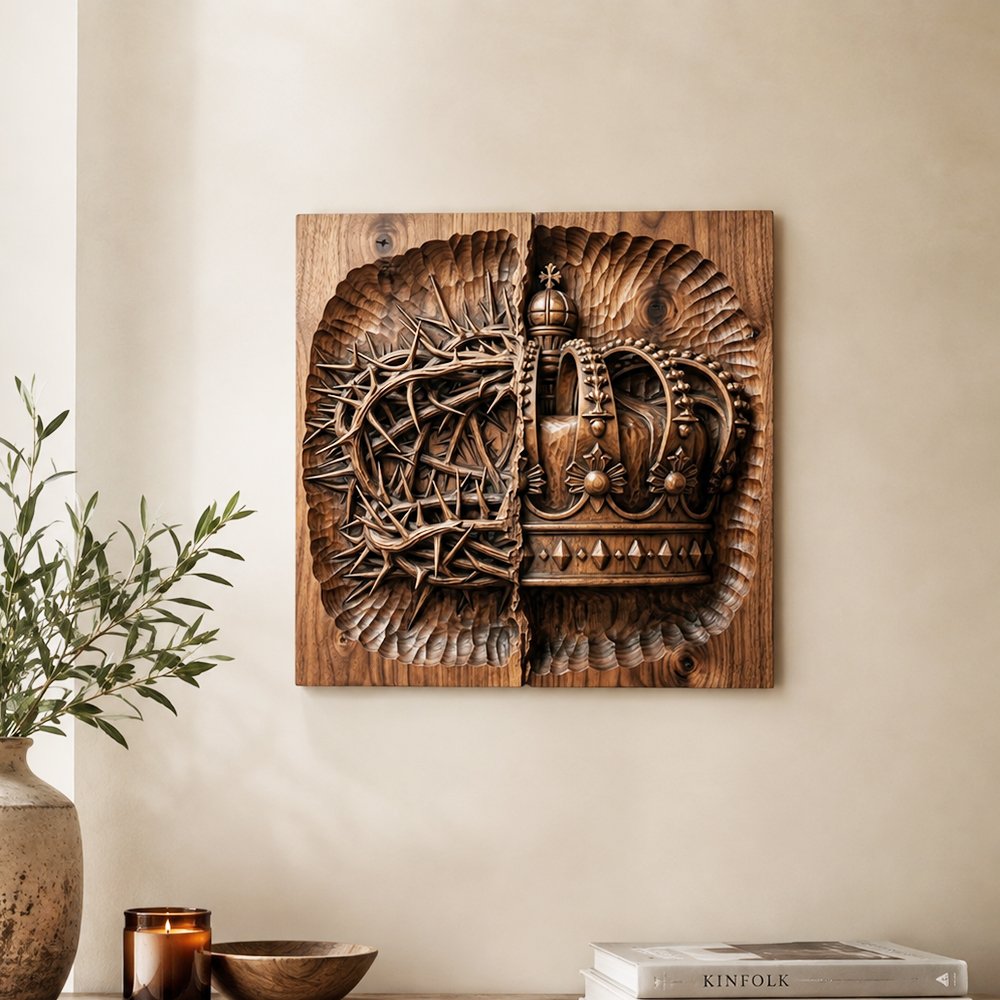 Hand-carved wooden wall art featuring the Crown of Thorns and royal crown design displayed in a rustic interior setting