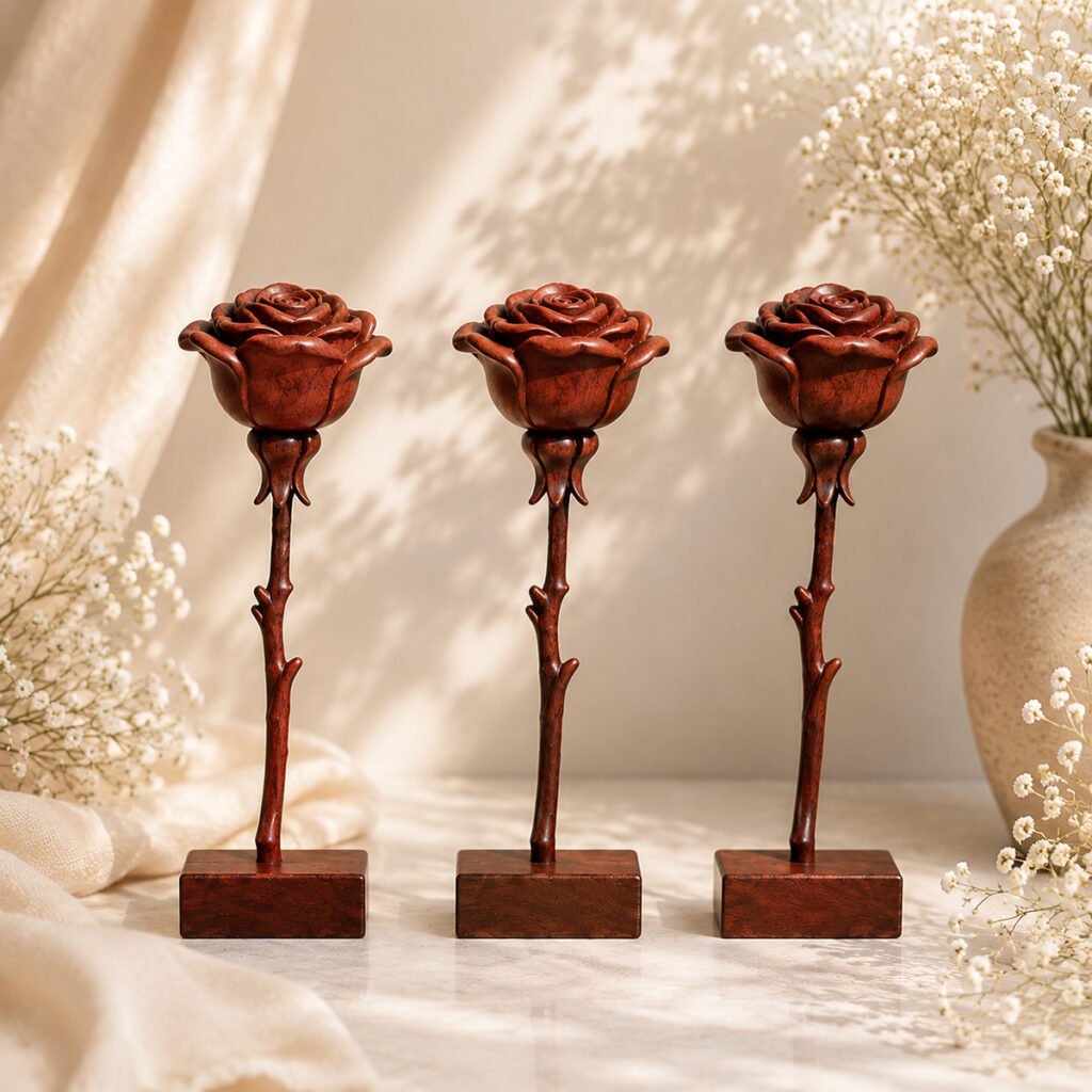 Three dark red hand carved wooden roses with rectangular bases displayed as elegant everlasting flower decor