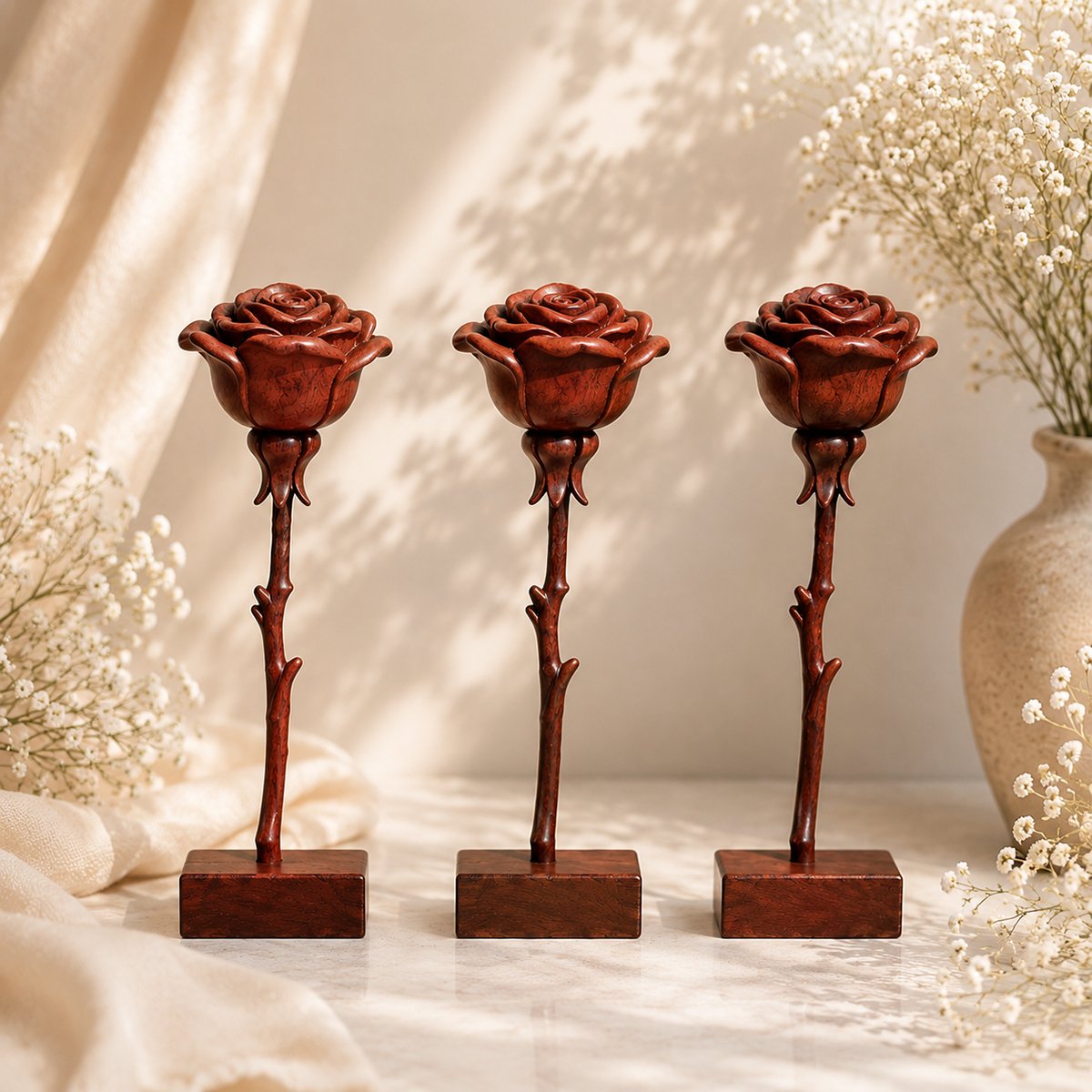 Three dark red hand carved wooden roses with rectangular bases displayed as elegant everlasting flower decor