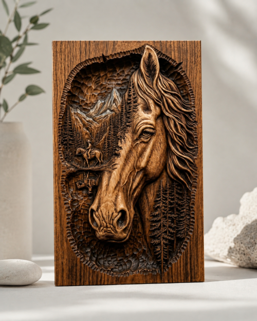 Dark wood horse carving relief art panel with mountain and forest details displayed on a clean neutral background
