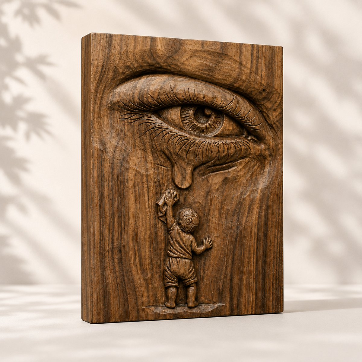 Handcrafted wooden eye relief wall art showing a tear drop above a small child figure in a detailed emotional carving
