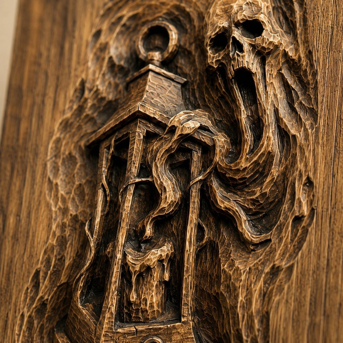 Close up detail of a hand carved wooden ghost and lantern relief showing layered carving texture and dramatic skull features