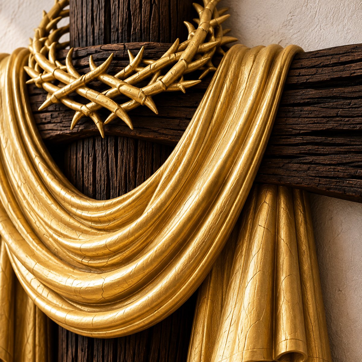 Close-up detail of the gilded crown of thorns, gold draped cloth and textured dark wood cross carving