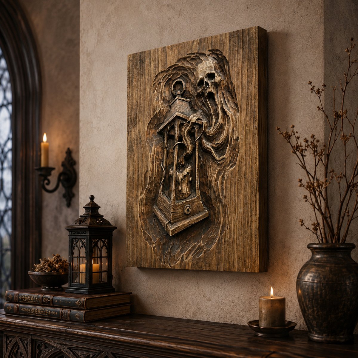 Side angle view of a ghost lantern wooden relief wall decor displayed above a dark console table in a moody gothic room
