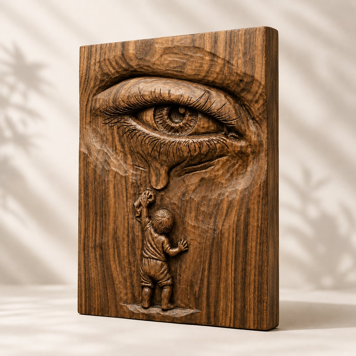 Side angle view of a hand carved wooden relief sculpture featuring a crying eye and a small child beneath the tear