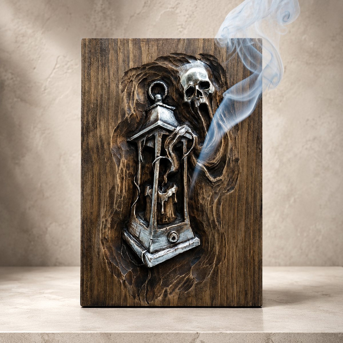 Hand carved wooden relief wall art featuring a ghostly figure, skull face, and hanging lantern with drifting smoke effect