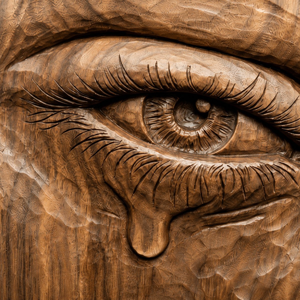 Close up of a hand carved wooden eye relief sculpture showing detailed eyelashes, iris texture, and a carved tear