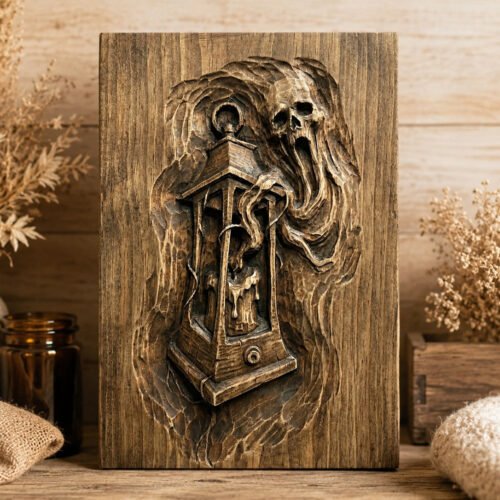 Handmade wooden relief plaque featuring a ghostly lantern design displayed in a warm indoor setting for gothic or horror themed decor