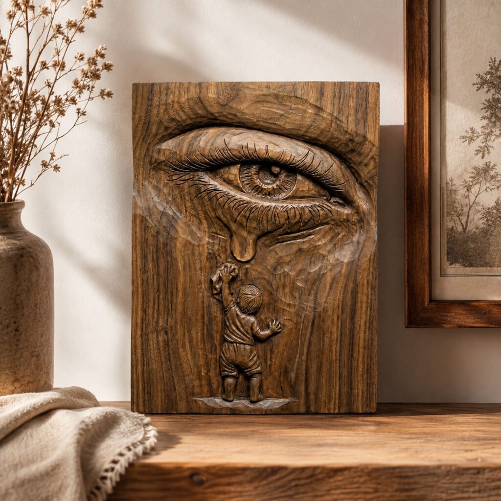 Front view of a handmade wooden crying eye sculpture panel featuring a tear and child motif for artistic wall decor