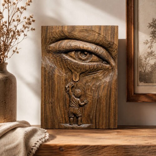Front view of a handmade wooden crying eye sculpture panel featuring a tear and child motif for artistic wall decor