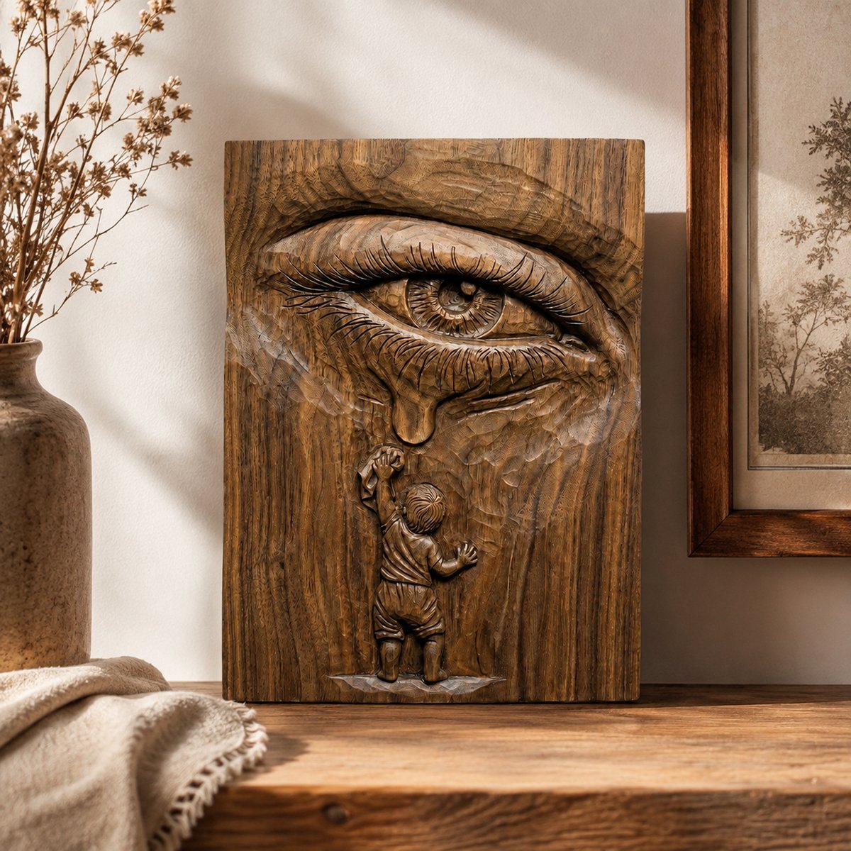 Front view of a handmade wooden crying eye sculpture panel featuring a tear and child motif for artistic wall decor