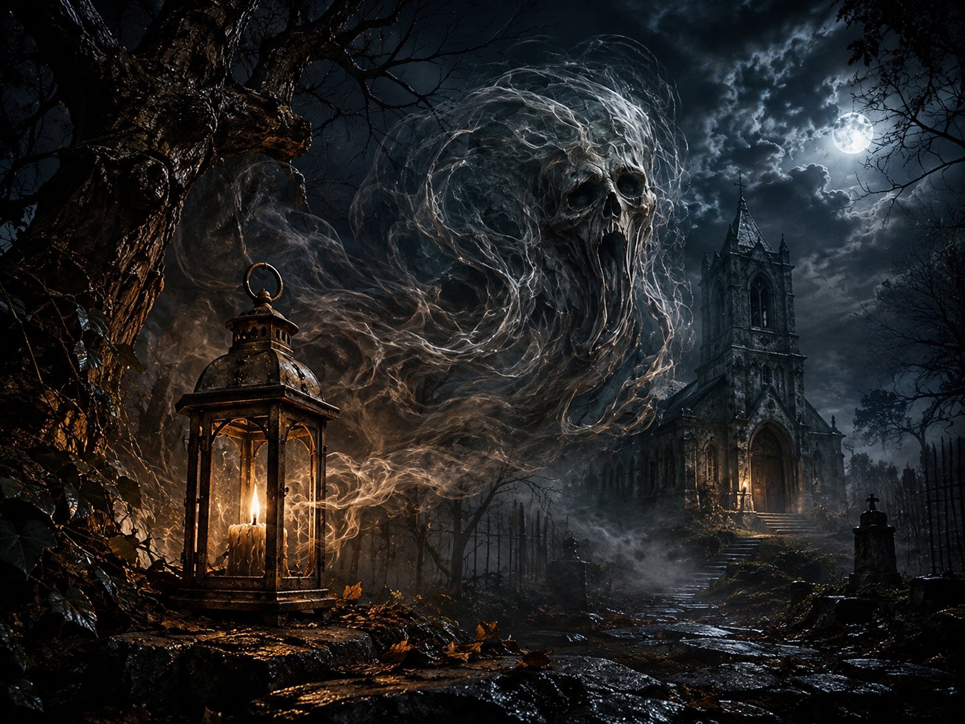 Haunted Lantern Skull Ghost Wooden Relief Wall Art inspired by a mysterious ghost lantern legend