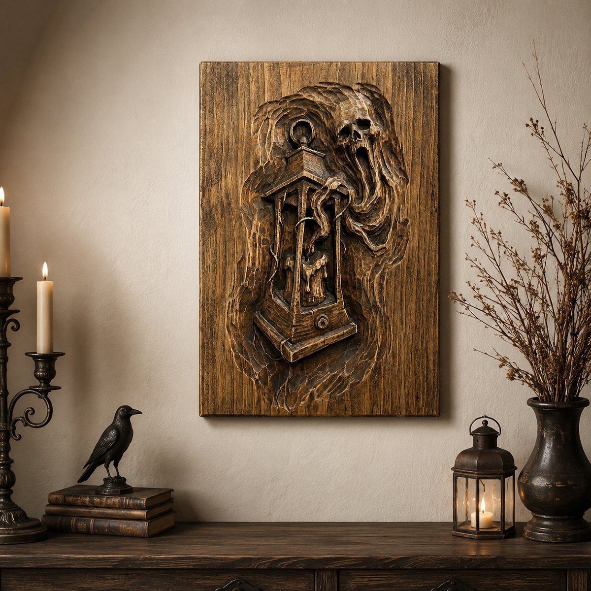 Handmade wooden haunted lantern wall plaque displayed in a gothic style interior with candles, books, and dark decorative accents