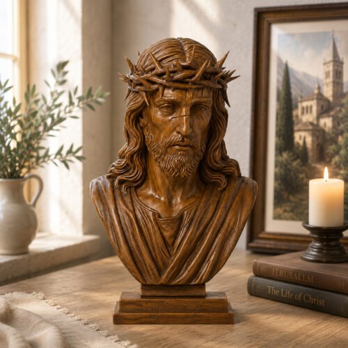 Front view of a Jesus Crown of Thorns Wood Bust featuring a solemn face, detailed beard, flowing hair and antique wood finish