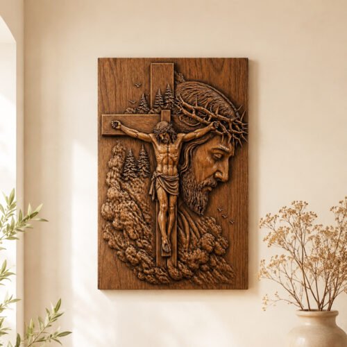 Jesus Crucifix wood carving displayed on a warm neutral wall as Christian home decor