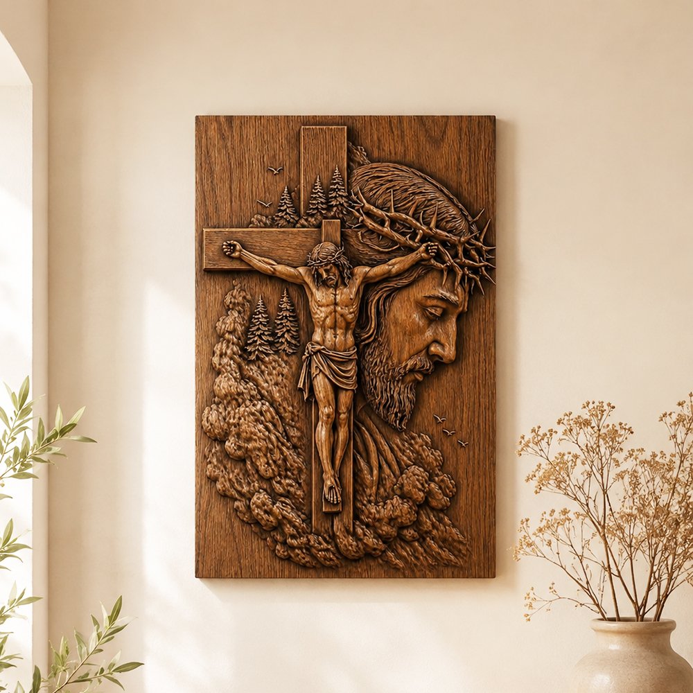 Jesus Crucifix wood carving displayed on a warm neutral wall as Christian home decor