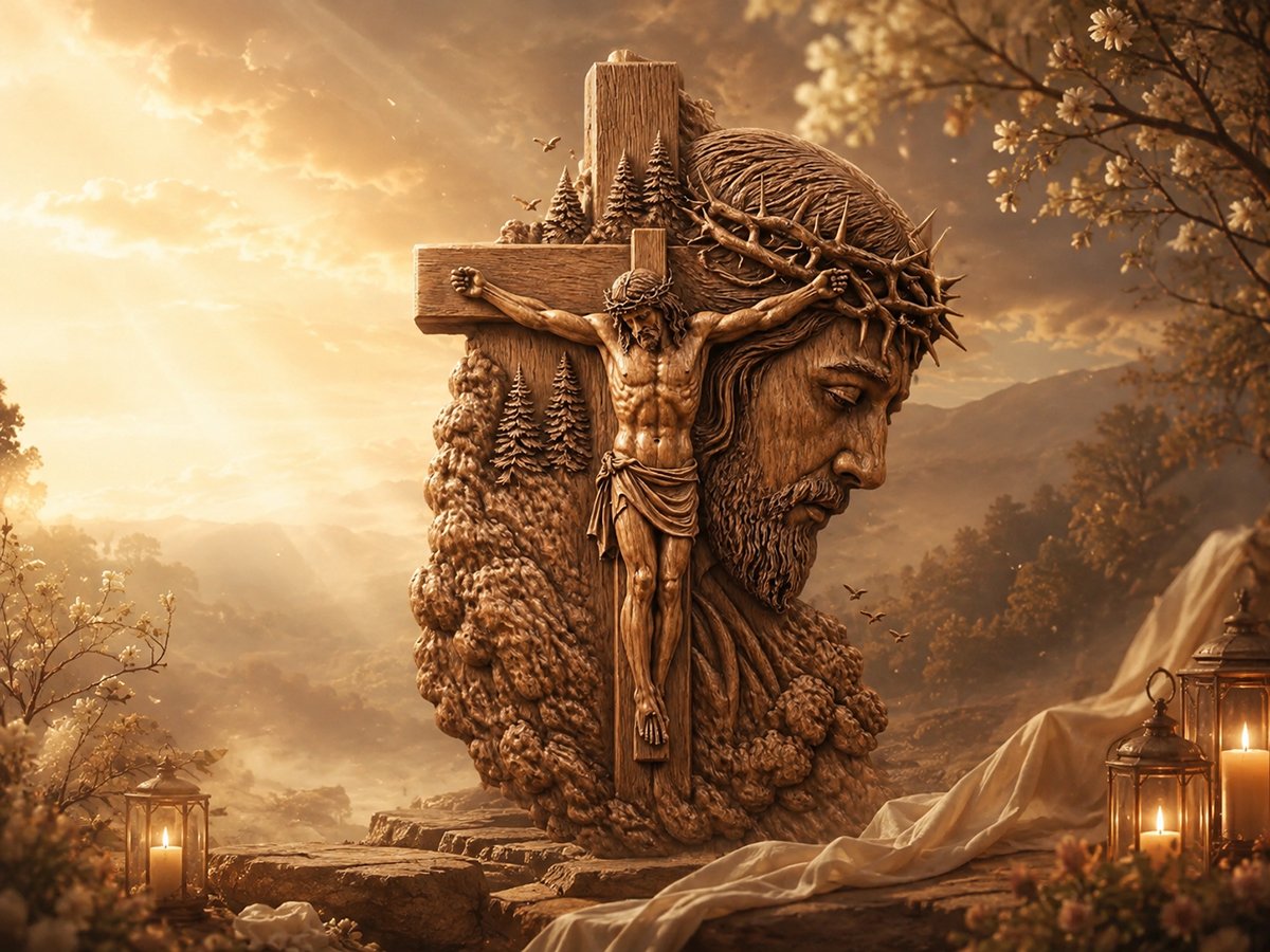 Jesus Crucifix wood carving illuminated by golden light in a peaceful Christian devotional scene