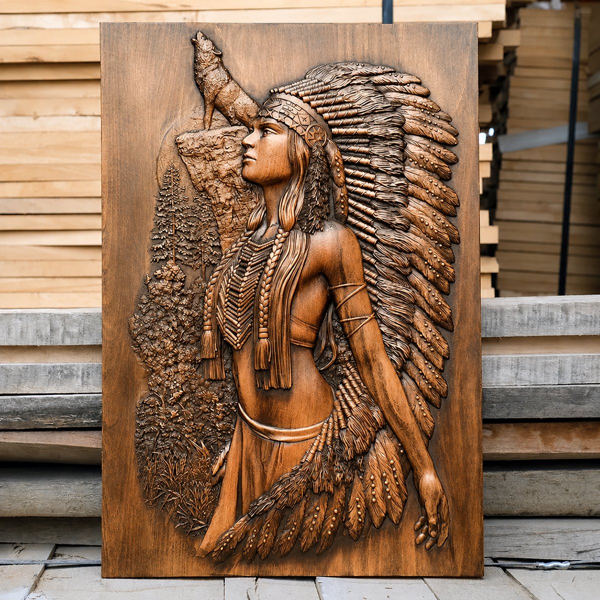 Large wooden wall plaque carved with a Native American woman, feather headdress, and wolf, displayed in an outdoor setting