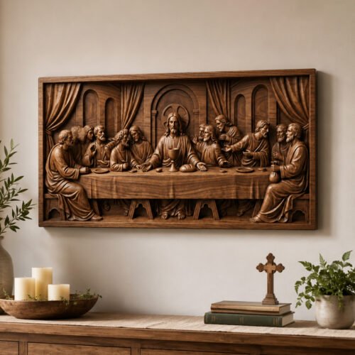 Last Supper Wood Carving displayed above a wooden console as meaningful Christian wall decor in a warm neutral interior