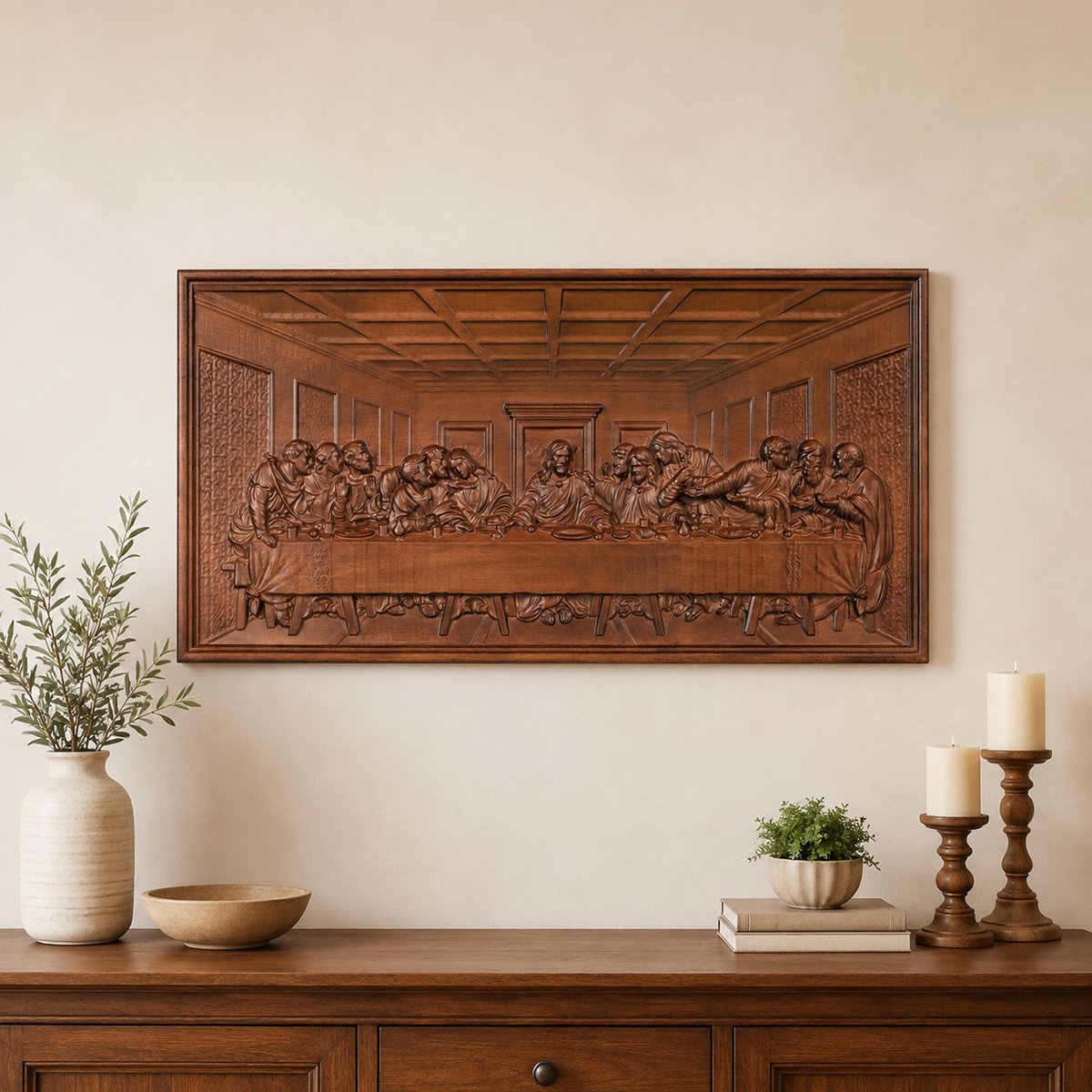 Last Supper wood carving wall art displayed above a wooden console table in a warm neutral interior setting