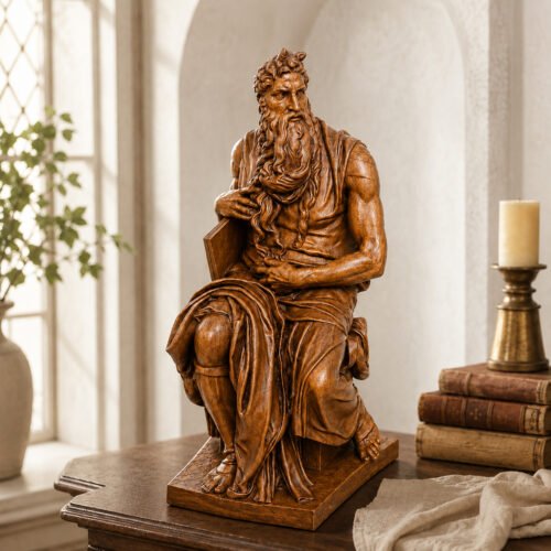 Moses by Michelangelo sculpture, hand-carved wooden biblical statue front view