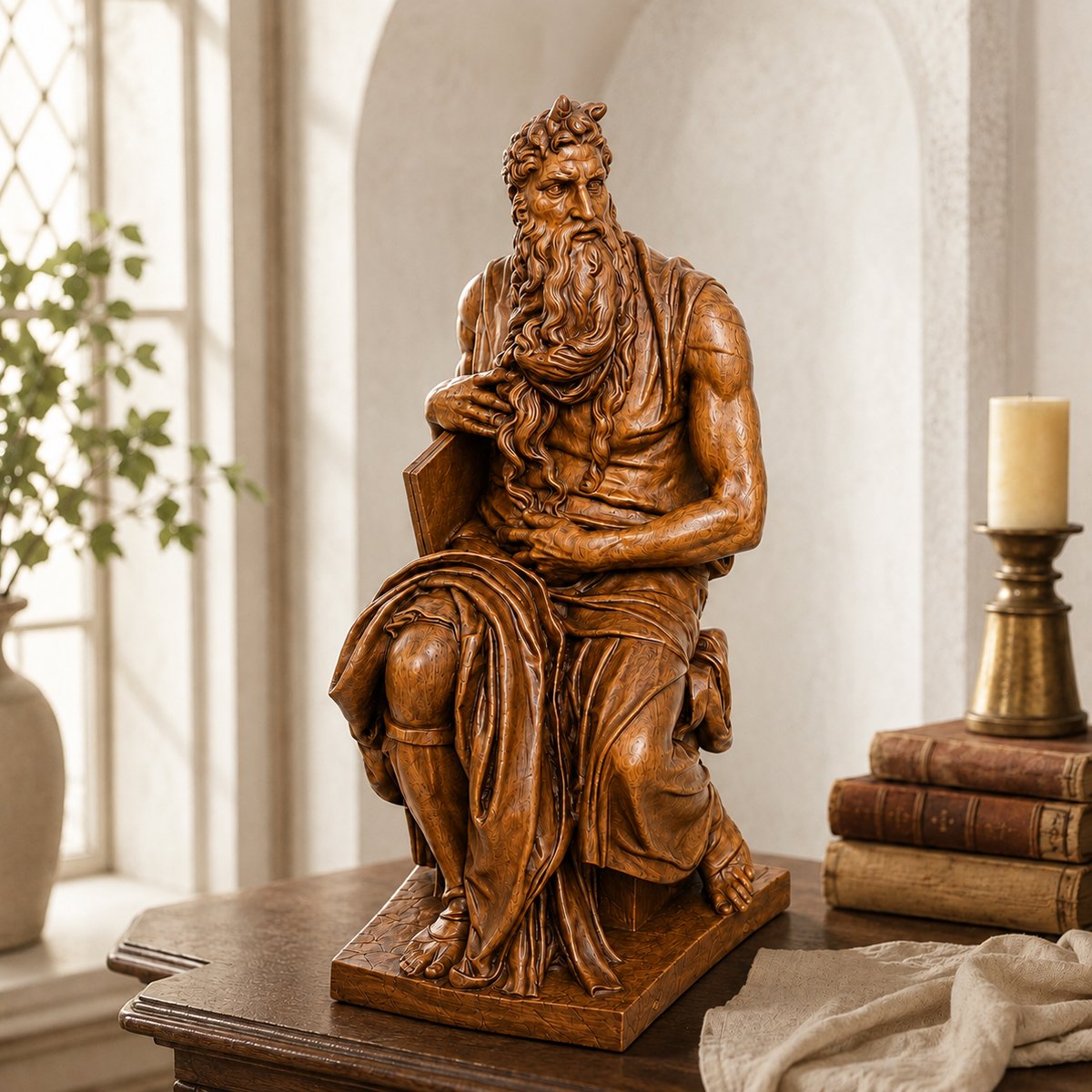 Moses by Michelangelo sculpture, hand-carved wooden biblical statue front view
