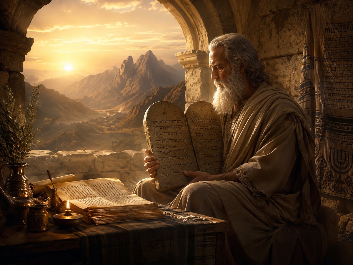 Moses holding the Ten Commandments near Mount Sinai in a biblical story scene with ancient scrolls and golden sunset light