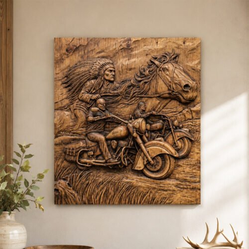 Hand-carved Native American chief and motorcycle wood carving wall art displayed in a rustic home interior with warm natural tones