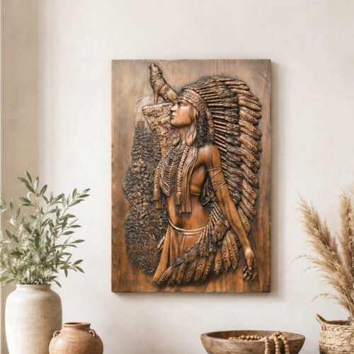 Native American Woman Wood Carving Wall Art in Rustic Home Decor Setting