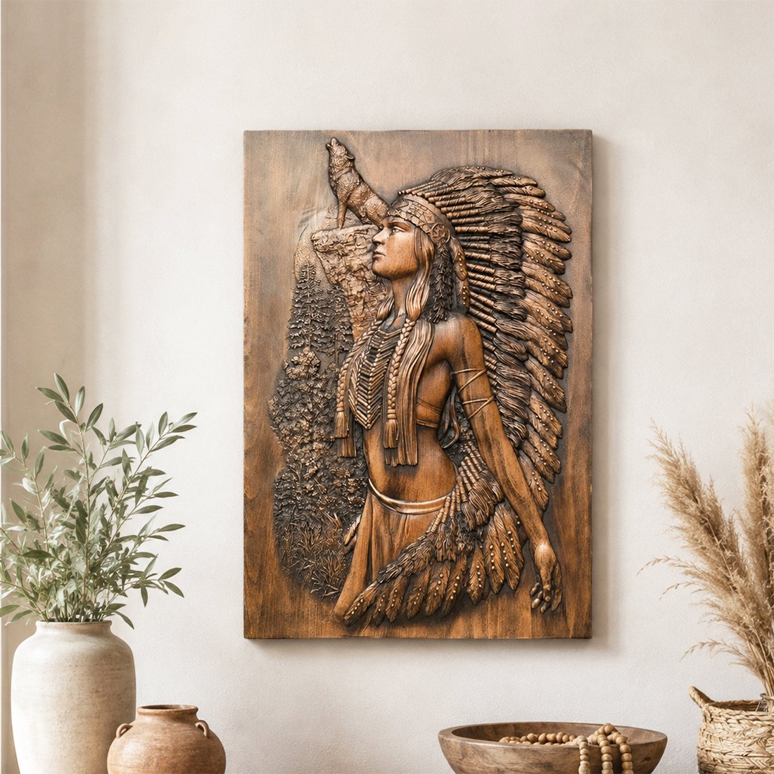 Native American Woman Wood Carving Wall Art in Rustic Home Decor Setting