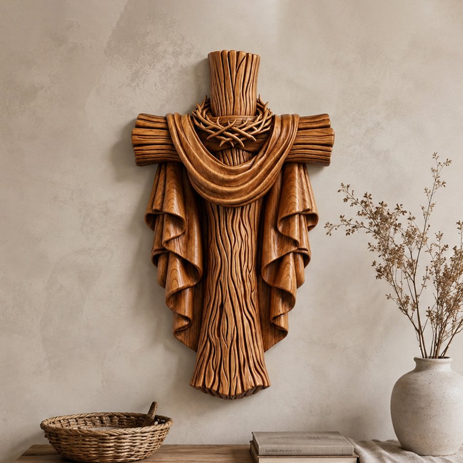 Natural wood Crown of Thorns Cross Wood Carving with a flowing draped cloth, displayed above a rustic console table