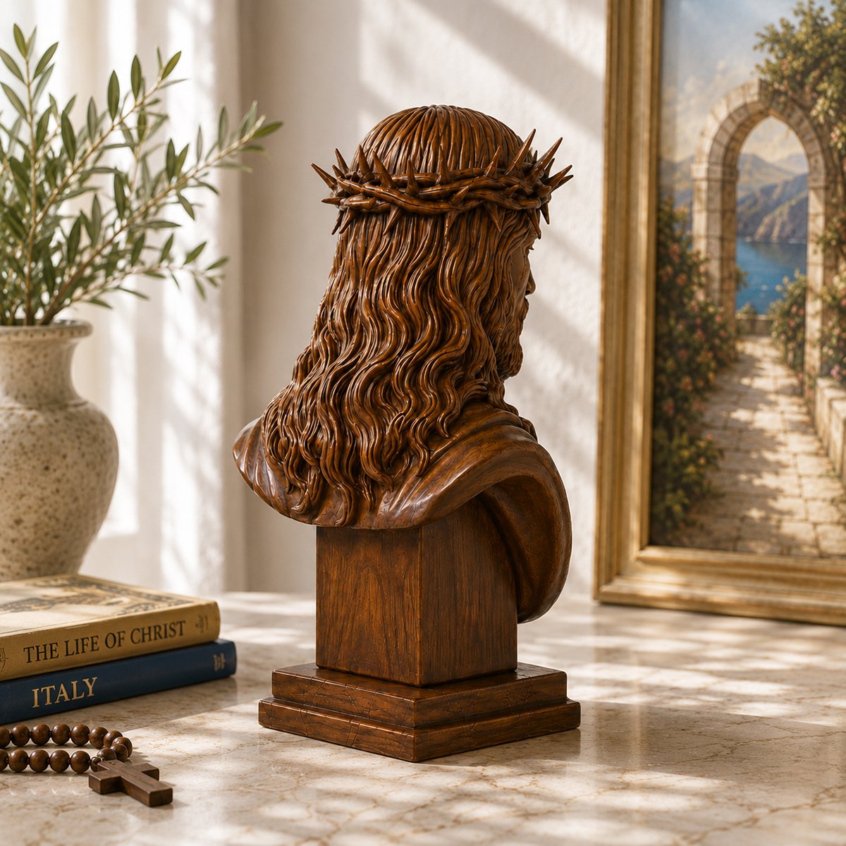 Rear three-quarter view of a Jesus Crown of Thorns Wood Bust showing the detailed flowing hair, thorn crown and solid pedestal base