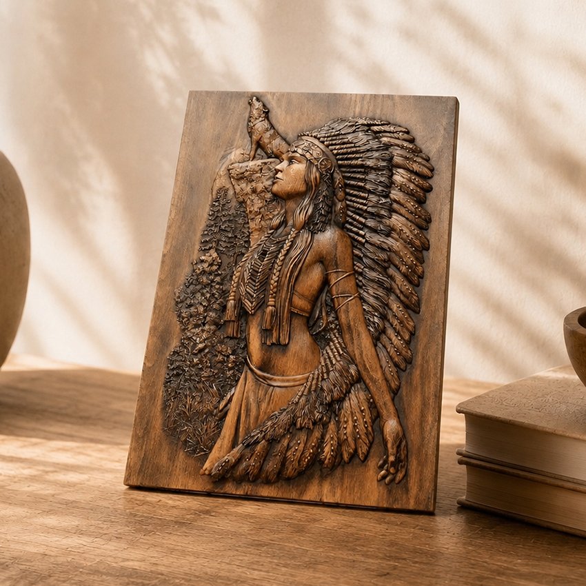 Close lifestyle image of a hand-carved wooden wall art plaque featuring a Native American woman with feather headdress and wolf
